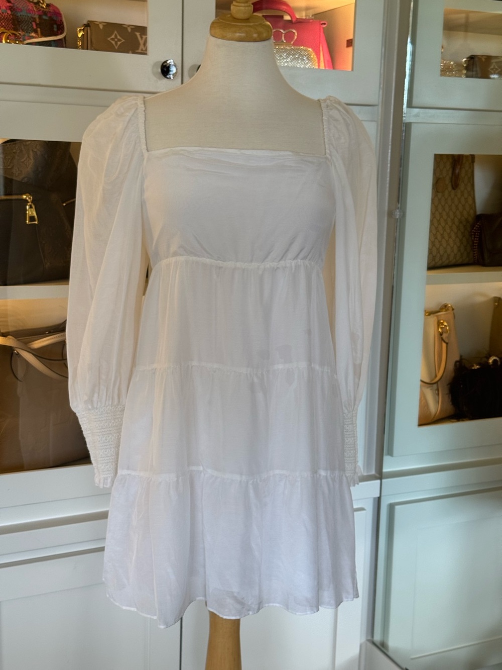 White Square-Neck Tiered Long-Sleeve Alice + Olivia Mini Dress